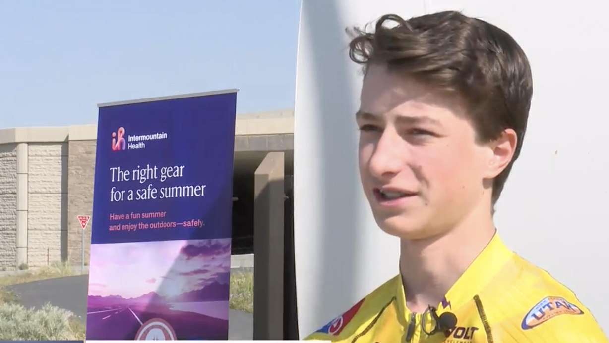 Adam Stewart, a member of the Lehi High School mountain biking team, speaks at a press conference Friday about his experience crashing and getting a concussion during a state championship. Intermountain Healthcare scheduled the press conference to urge people to be safety conscious and wear helmets when riding bikes.