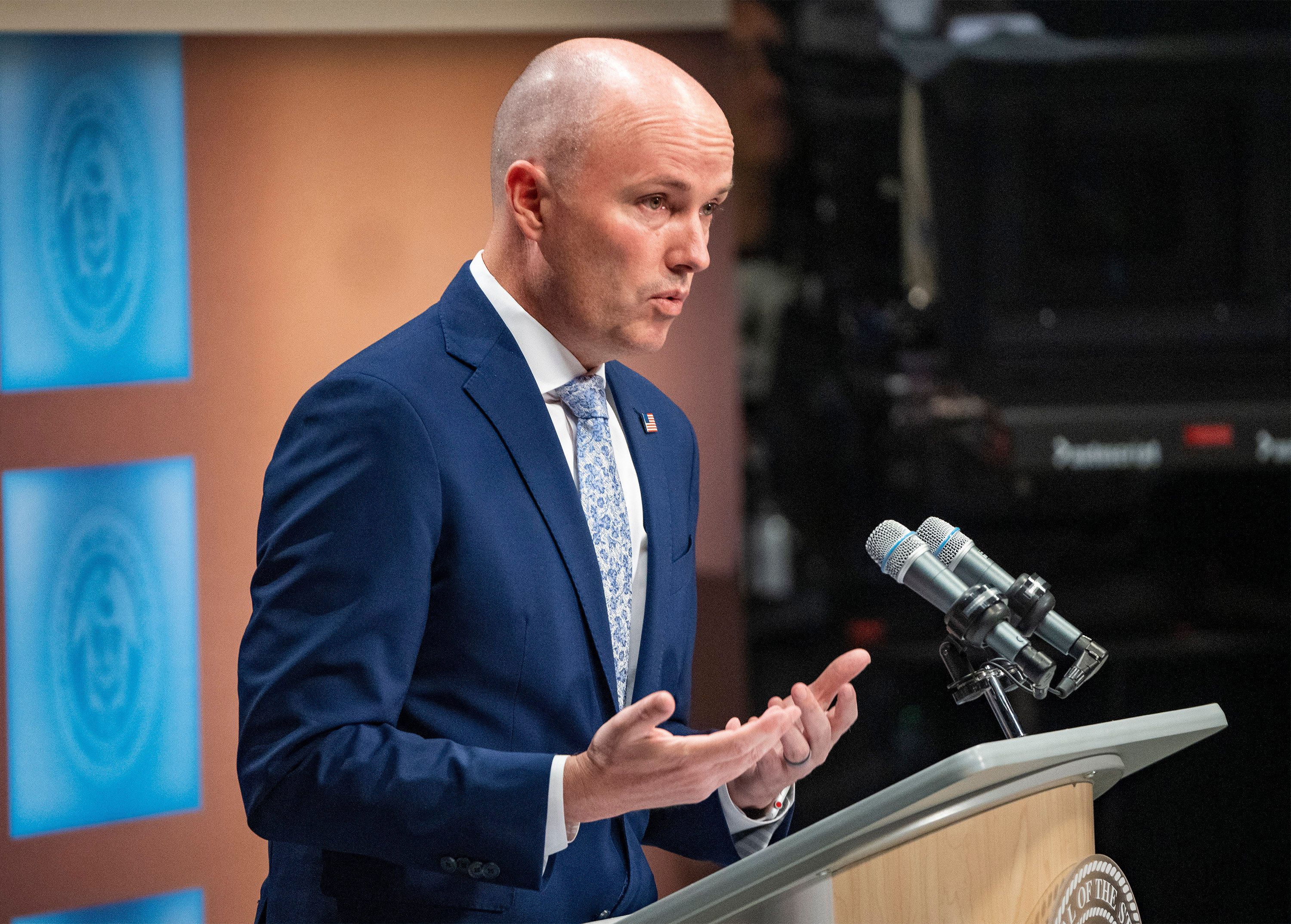Gov. Spencer Cox at the Eccles Broadcast Center in Salt Lake City on Thursday. Cox apologized a day after he called members of Congress "imbeciles" who "can't get their crap together" to pass immigration reform. 