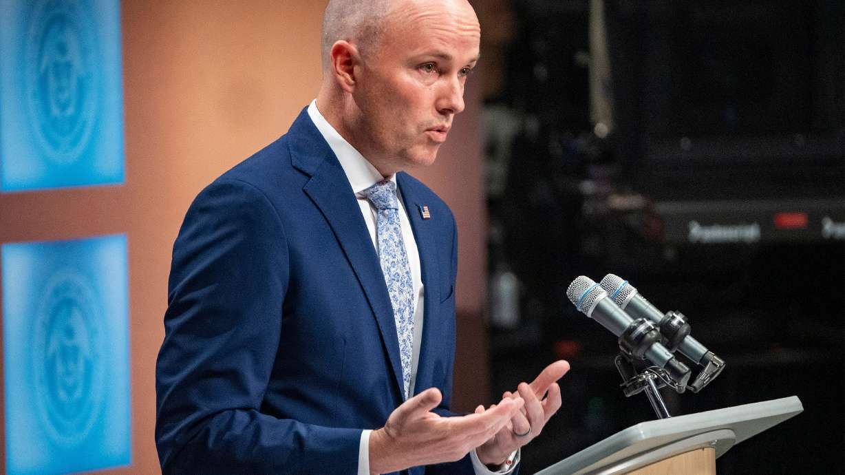 Gov. Spencer Cox at the Eccles Broadcast Center in Salt Lake City on Thursday. Cox apologized a day after he called members of Congress "imbeciles" who "can't get their crap together" to pass immigration reform.