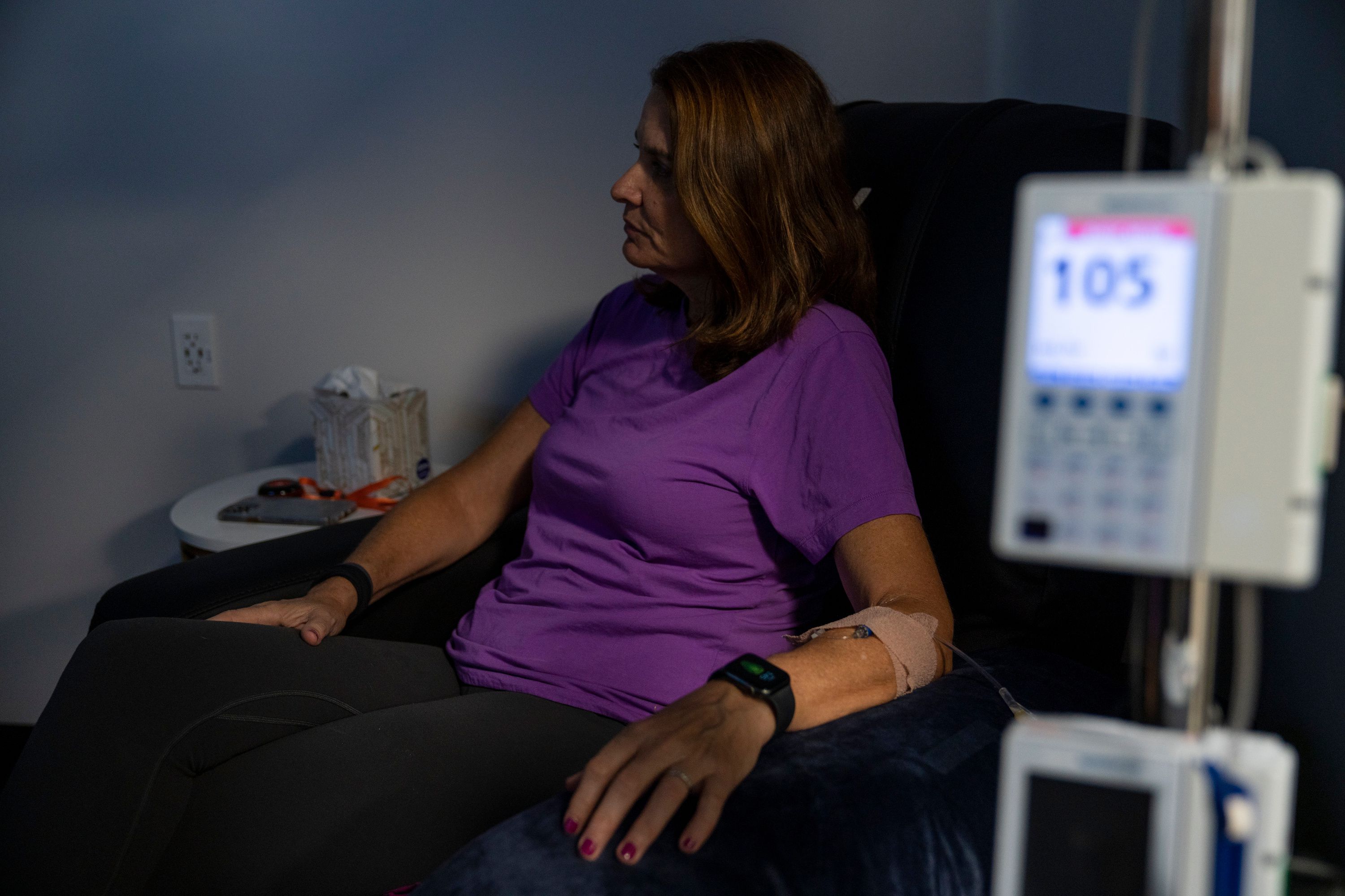Michele Hall, 55, receives her eighth Aduhelm treatment/infusion at a local clinic in St. Petersburg, Fla., on Aug. 3, 2022. Hall was diagnosed with early onset Alzheimer’s disease in fall 2020.
