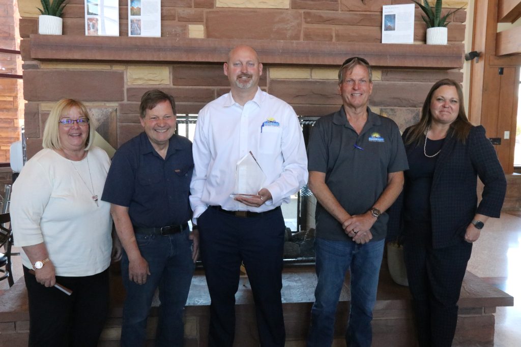 Cedar City Regional Airport board members Jyl Shuler and Burt Poulsen, outgoing airport manager Nick Holt, and board members John Appel and Maria Twitchell, at Holt’s farewell party in Cedar City, May 11.