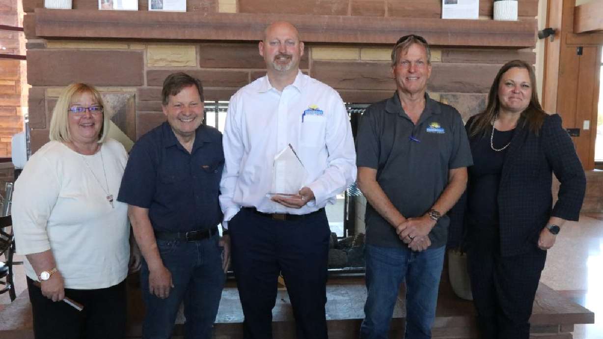 Cedar City Regional Airport board members Jyl Shuler and Burt Poulsen, outgoing airport manager Nick Holt, and board members John Appel and Maria Twitchell, at Holt’s farewell party in Cedar City, May 11.