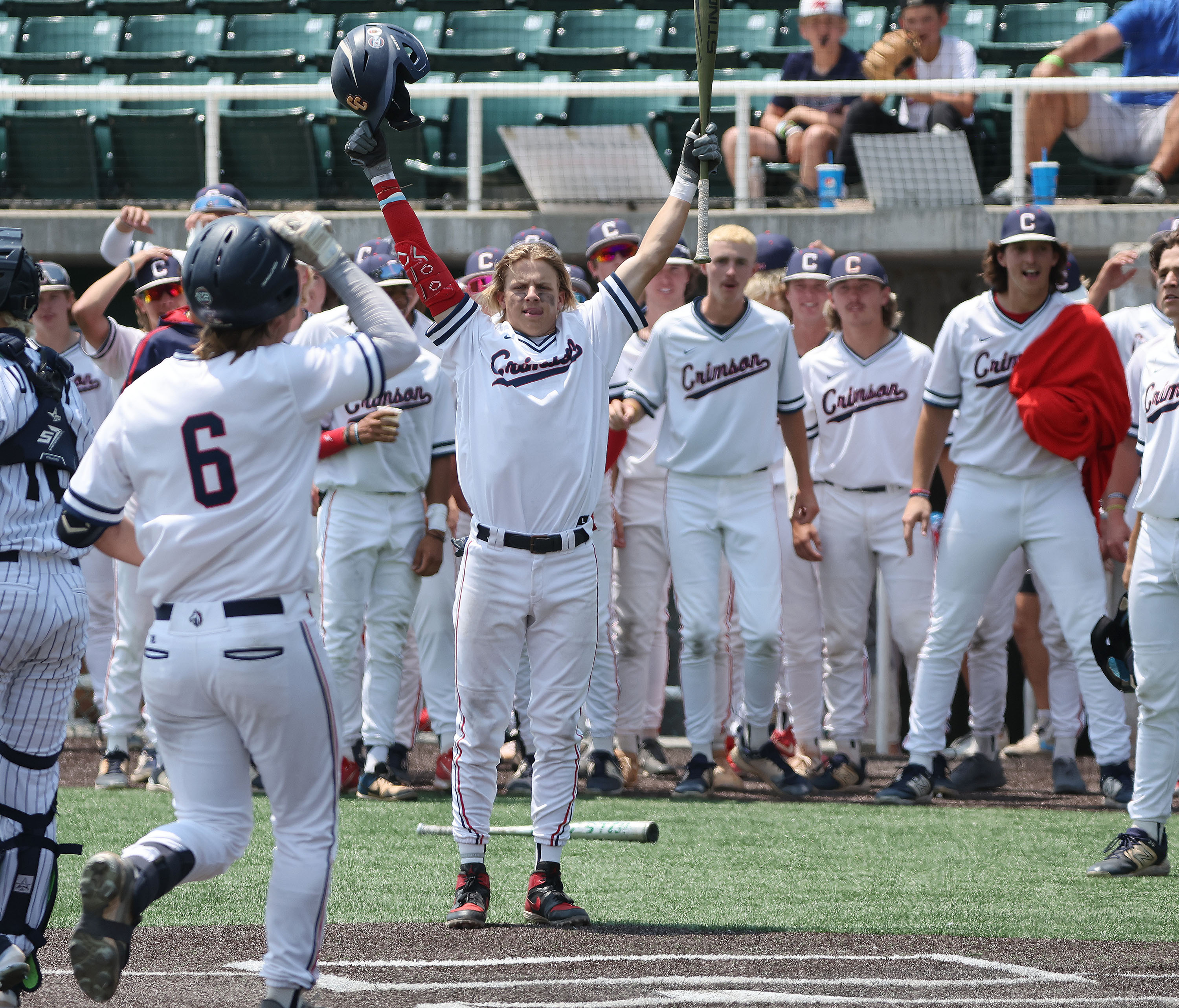 Crimson Cliffs' Brexten Starley (6) celebrates his home run against Snow Canyon in the 4A state championship at UVU in Orem on Saturday, May 20, 2023.