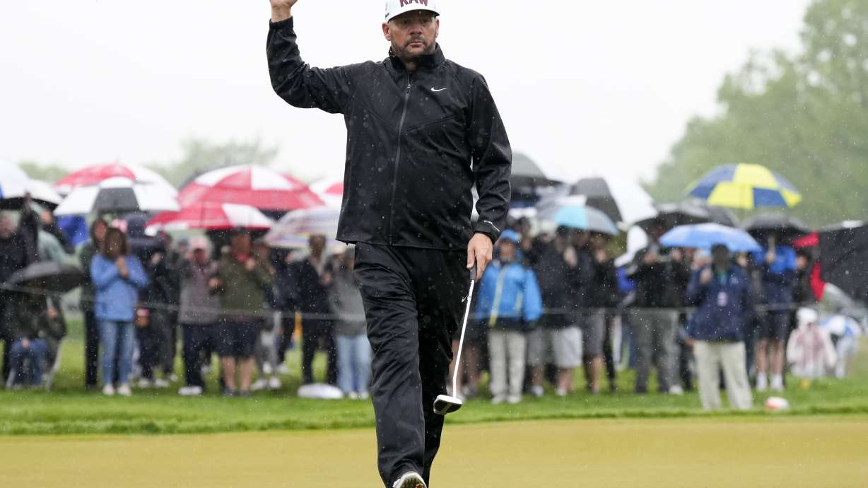 Michael Block celebrates after a birdie on the second hole during the third round of the PGA Championship golf tournament at Oak Hill Country Club on Saturday, May 20, 2023, in Pittsford, N.Y.