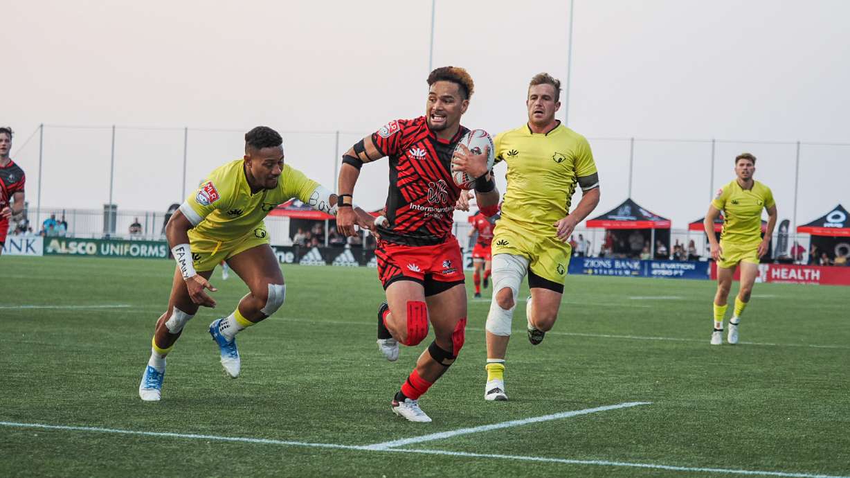 Utah Warriors' Joe Mano runs for a try during a 34-28 win over the Houston SaberCats, Saturday, May 20, 2023 at Zions Bank Stadium in Herriman.