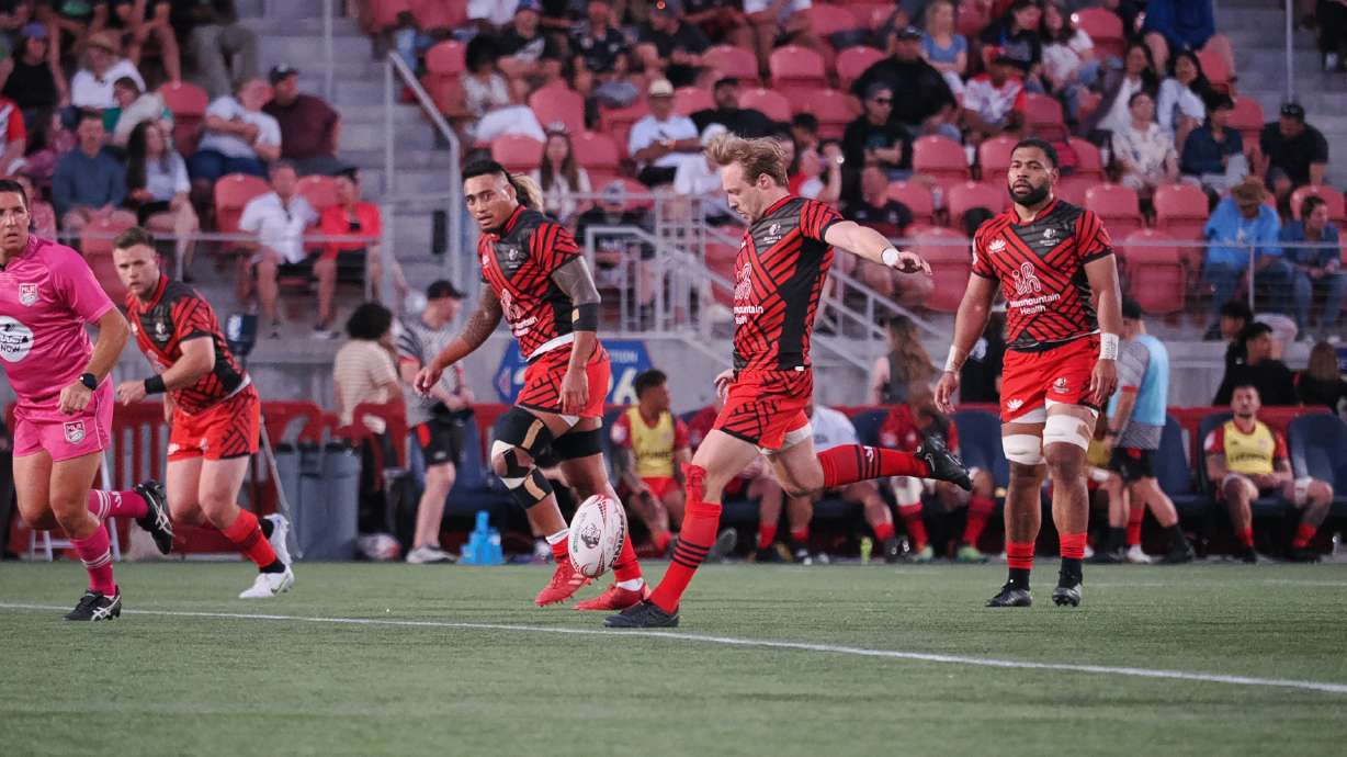 Utah Warriors flyhalf Joel Hodgson takes a kick during a 34-28 win over the Houston SaberCats, Saturday, May 20, 2023 at Zions Bank Stadium in Herriman.