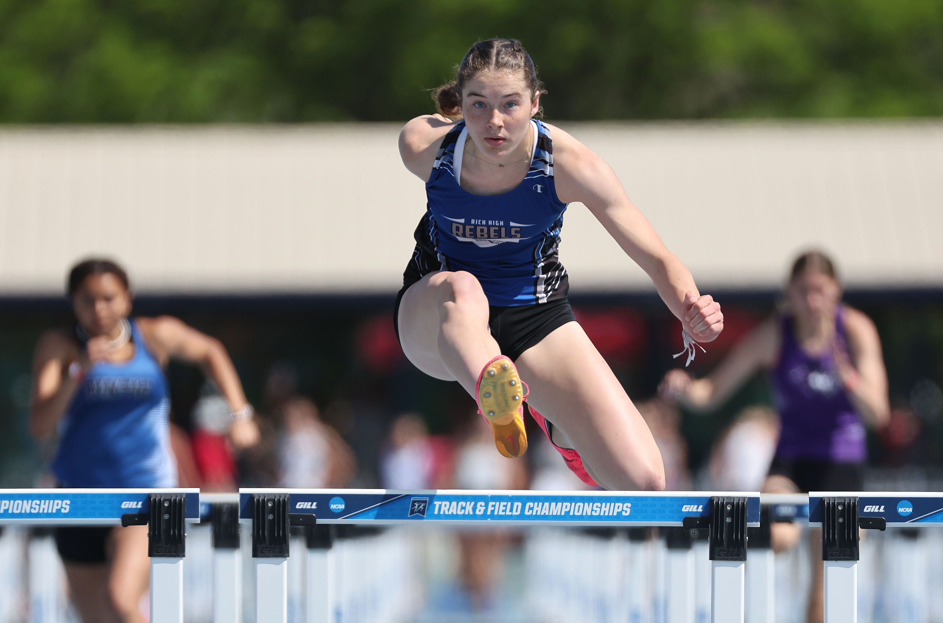 Rich's Violett Taylor wins the 1A 100-meter hurdles during the Utah high school track and field championships at BYU in Provo on Friday, May 19, 2023.