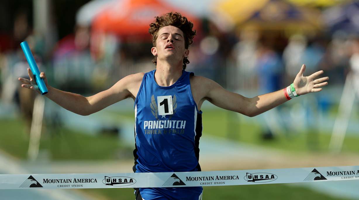 Panguitch’s Carter Yardley, begins the celebration as he crosses the finish line in the 4x400m race as High School athletes gather at BYU in Provo to compete for the state track and field championships on Saturday, May 20, 2023.