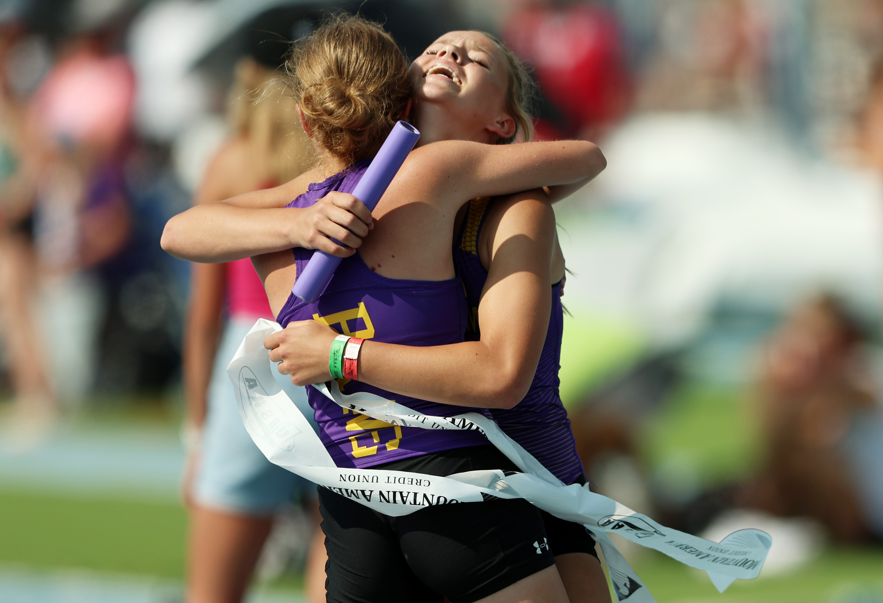North Summit runners hug as they win the 4x400m race as High School athletes gather at BYU in Provo to compete for the state track and field championships on Saturday, May 20, 2023.