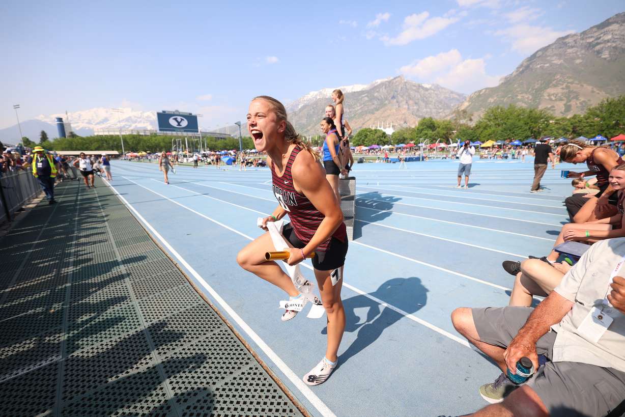 Morgan’s Grace Gordon, screams after she and her teammates won the 4x100 race in the 3A division at BYU in Provo at the state track and field championships on Saturday, May 20, 2023.