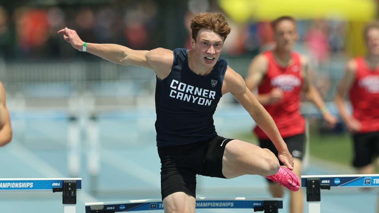 Corner Canyon’s Spencer Kirkham wins the 6A 300m hurdles as High School athletes gather at BYU in Provo to compete for the state track and field championships on Saturday, May 20, 2023.