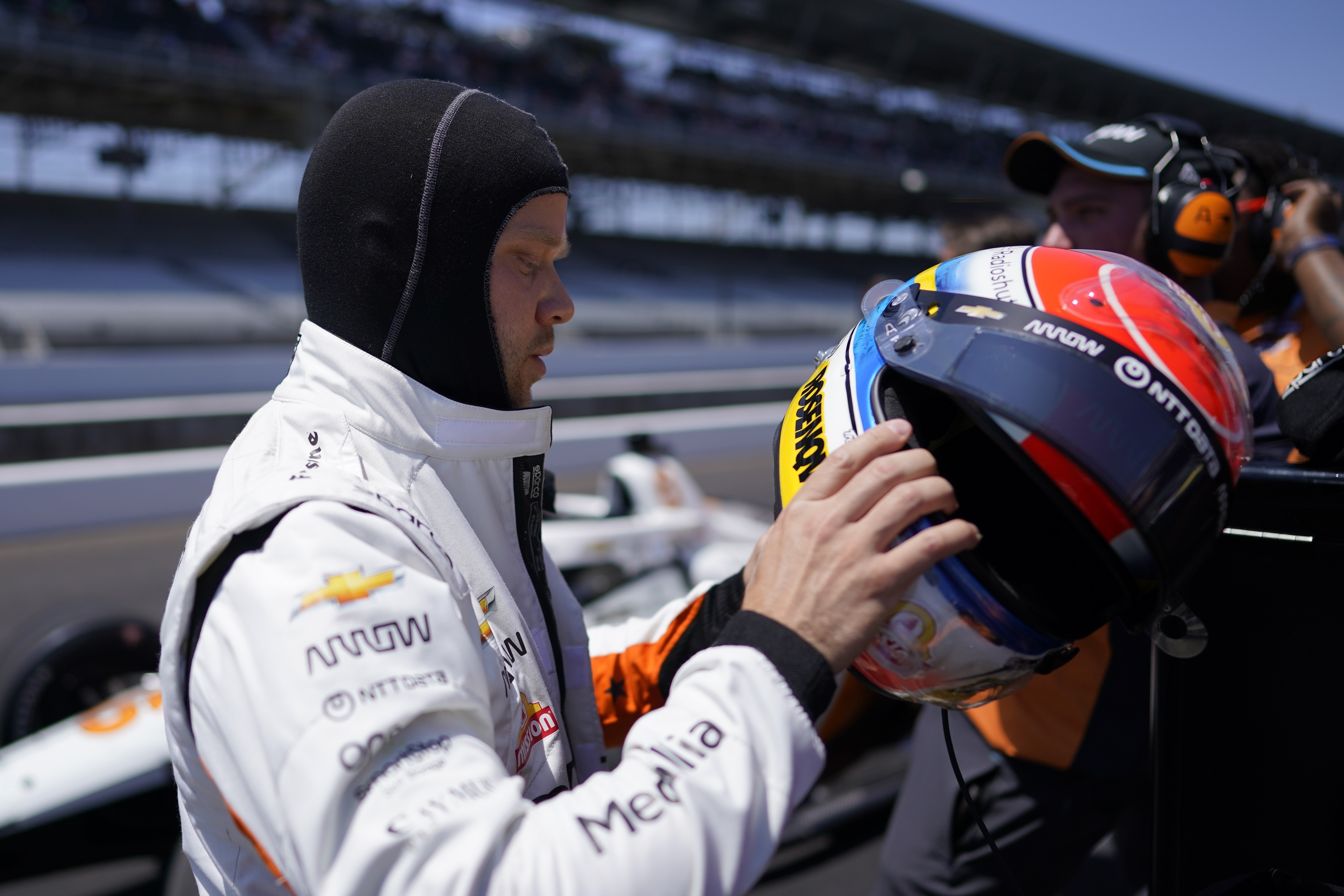 Felix Rosenqvist, of Sweden, prepares to drive during qualifications for the Indianapolis 500 auto race at Indianapolis Motor Speedway, Sunday, May 21, 2023, in Indianapolis. 