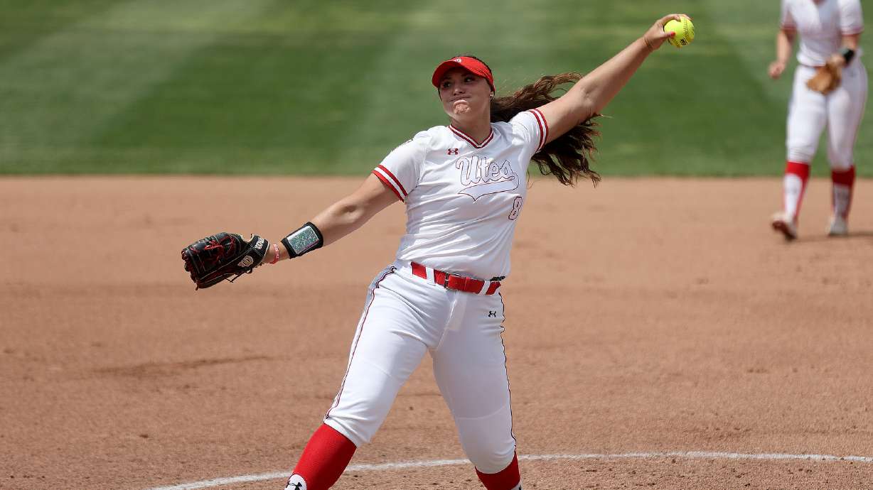 Utah’s Mariah Lopez (8) pitches during a Salt Lake City Regional NCAA DI Softball Tournament game against Southern Illinois at the Dumke Family Softball Stadium in Salt Lake City on Friday, May 19, 2023. Utah won 11-9.