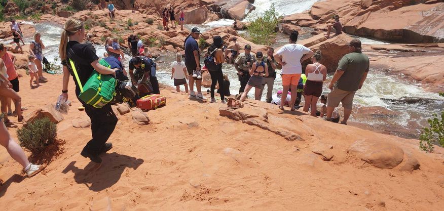 Crews respond to a reported drowning in the falls at Gunlock State Park in Gunlock, northwest of St. George, on Sunday.