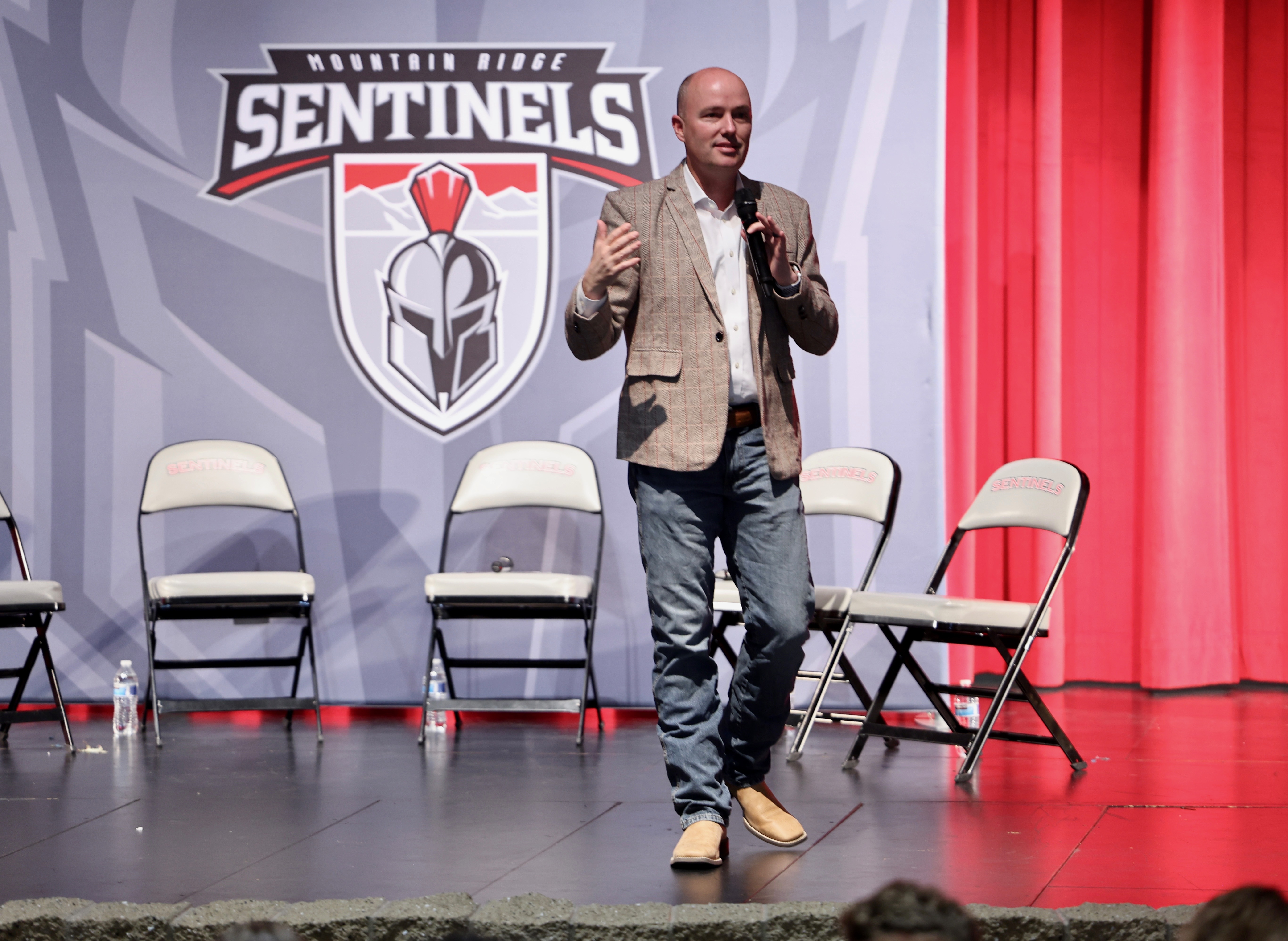 Gov. Spencer Cox talks to students at Mountain Ridge High School in Herriman on Monday during the 29th and final stop in the governor's "Connecting Utah" tour.