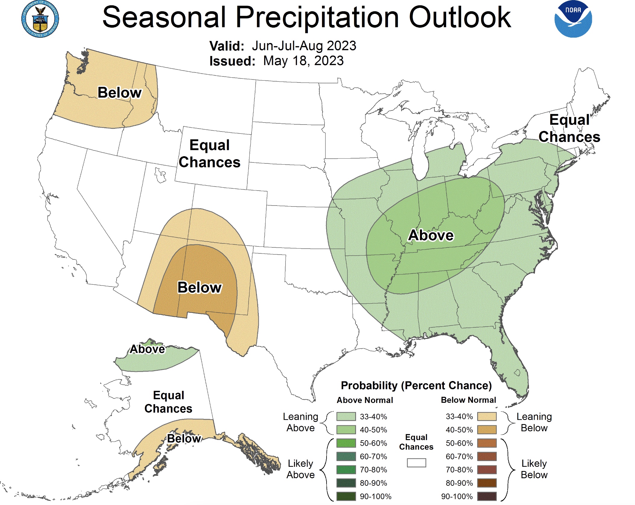This map, released by the National Weather Service Climate Prediction Center on Thursday, shows the precipitation outlook for the meteorological summer months of June, July and August. Most of Utah is listed as being in "equal chances," meaning its outlook is less certain this summer.