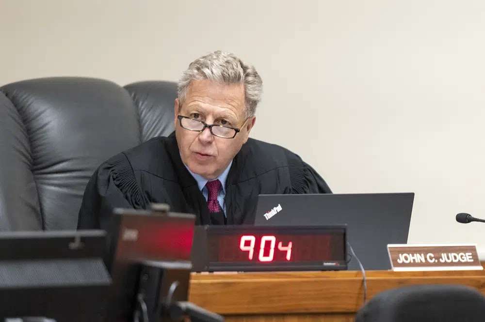 Latah County Judge John C. Judge presides over an arraignment hearing for Bryan Kohberger, who is accused of killing four University of Idaho students in November 2022, Monday, in Latah County District Court in Moscow, Idaho.