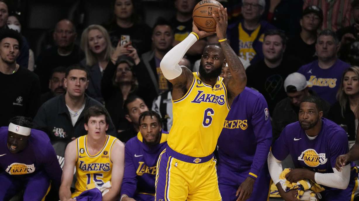 Los Angeles Lakers forward LeBron James shoots against the Denver Nuggets in the first half of Game 4 of the NBA basketball Western Conference Final series Monday, May 22, 2023, in Los Angeles.