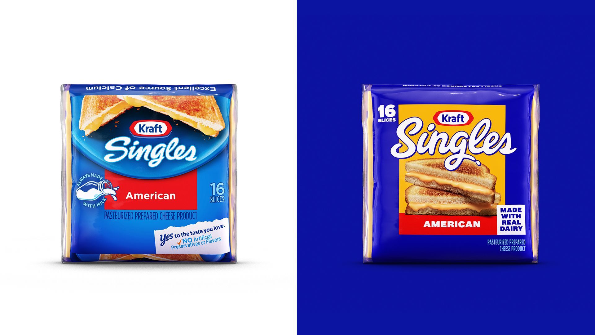 Kraft Singles is getting a redesign. Before, left, and after shows the difference between the old design and the new one.