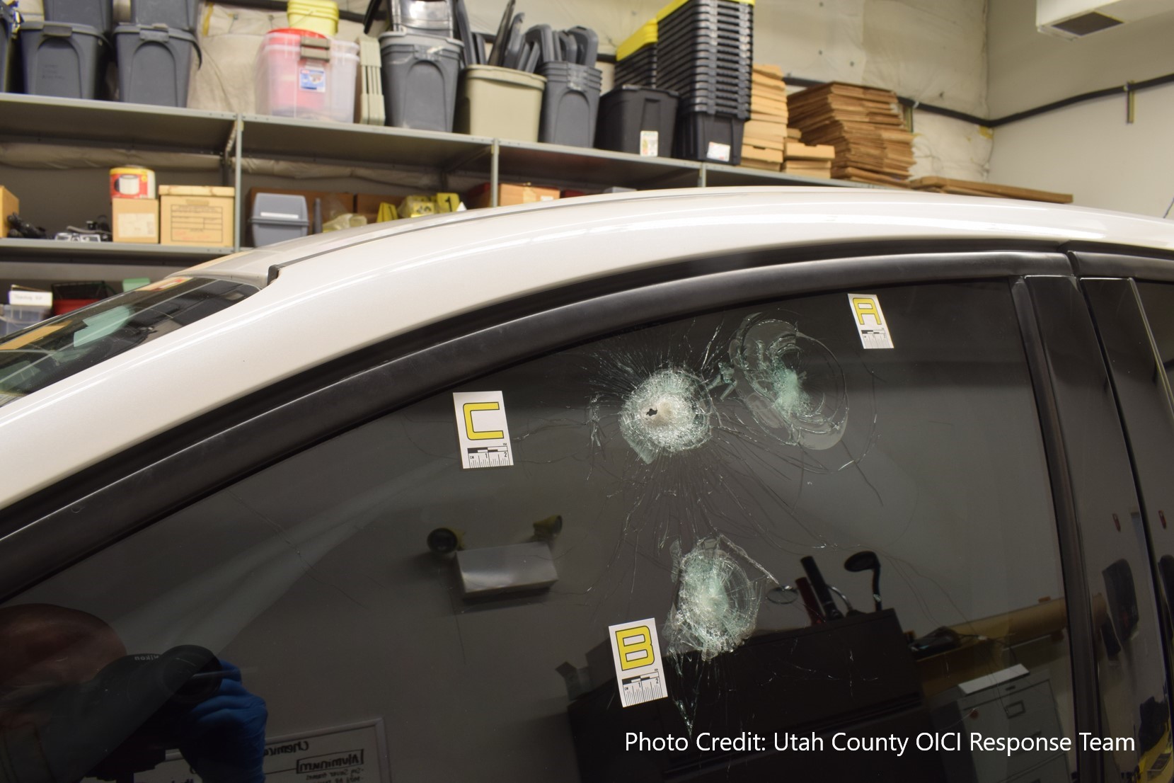 Bullet holes in a vehicle following a 2021 shootout with police and James Howard Klein. Klein was sentenced this week to 25 years in federal prison.