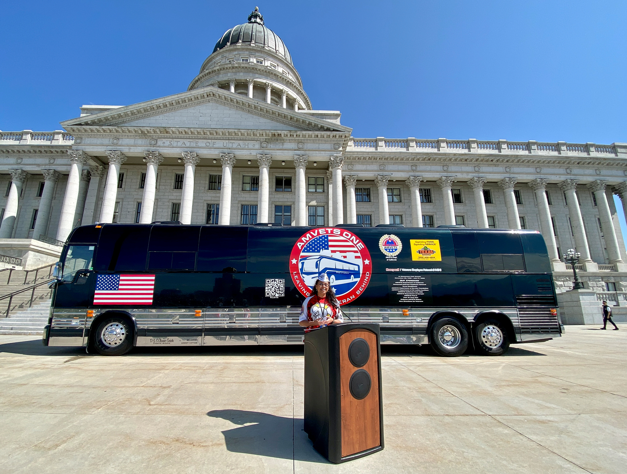 Lisa Roybal, AMVETS Suicide Awareness and Prevention Committee chair, speaks during a press conference to raise awareness about veteran mental health and suicide prevention outside of the Capitol in Salt Lake City on Tuesday. AMVETS ONE volunteers are visiting six cities on their advocacy tour.