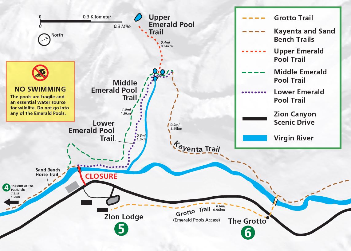 This map shows how Zion National Park visitors can access the Emerald Pool area from Zion Lodge while a bridge in the area gets repaired.
