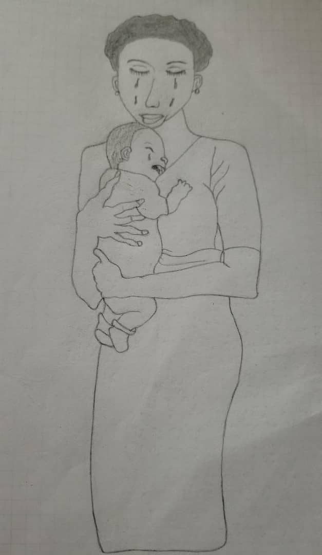 One of Ukabi's original drawings detailing her mother holding her as a small child, crying with pain.