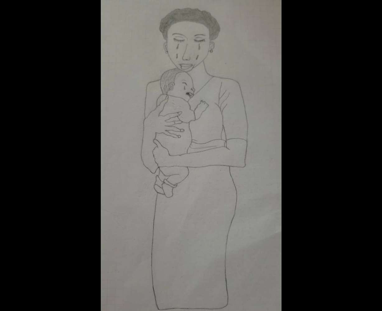One of Ukabi's original drawings detailing her mother holding her as a small child, crying with pain.