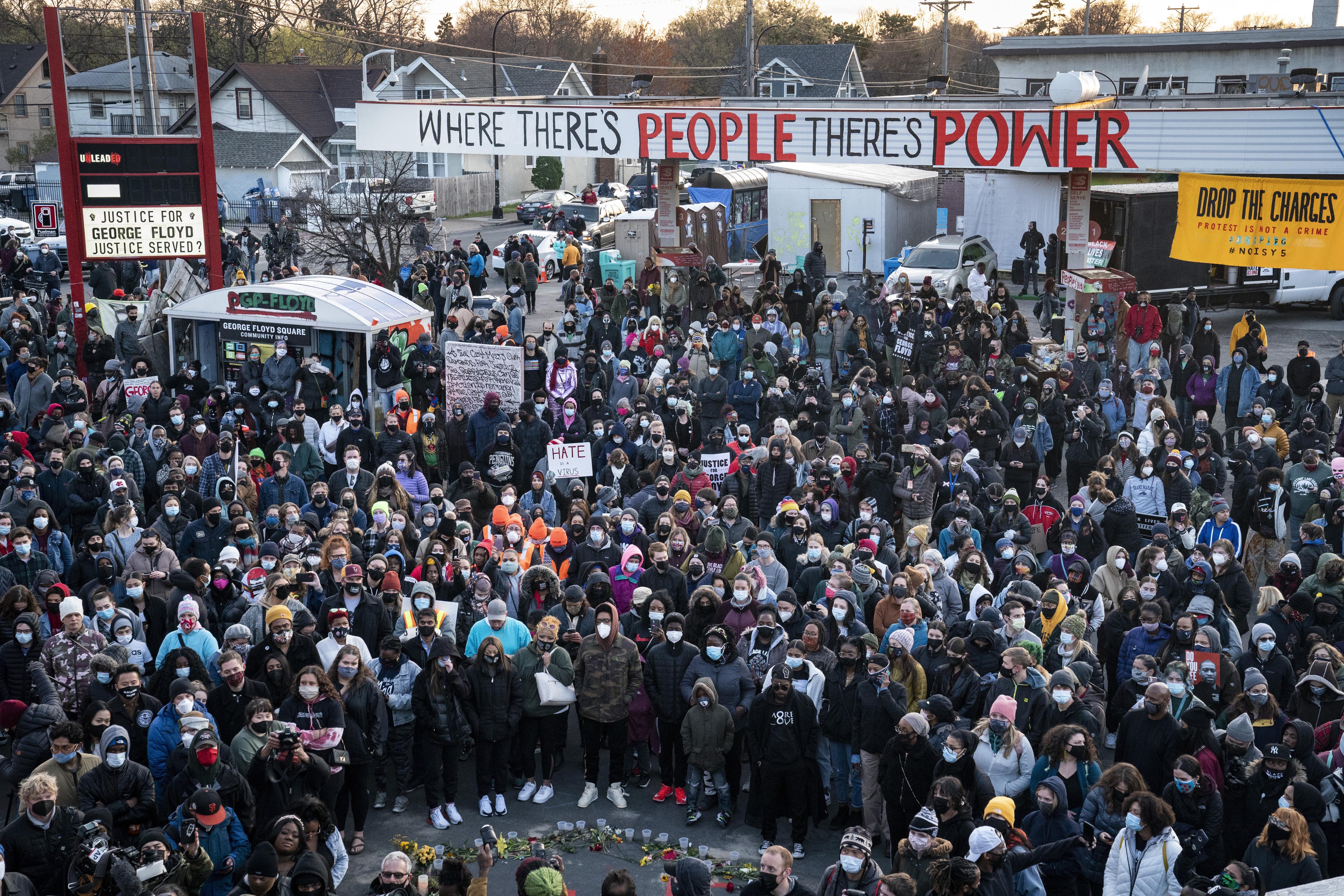 Demonstrators gather outside Cup Foods to celebrate the murder conviction of former Minneapolis police officer Derek Chauvin in the killing of George Floyd, April 20, 2021, in Minneapolis. The third anniversary of Floyd’s murder is Thursday. 