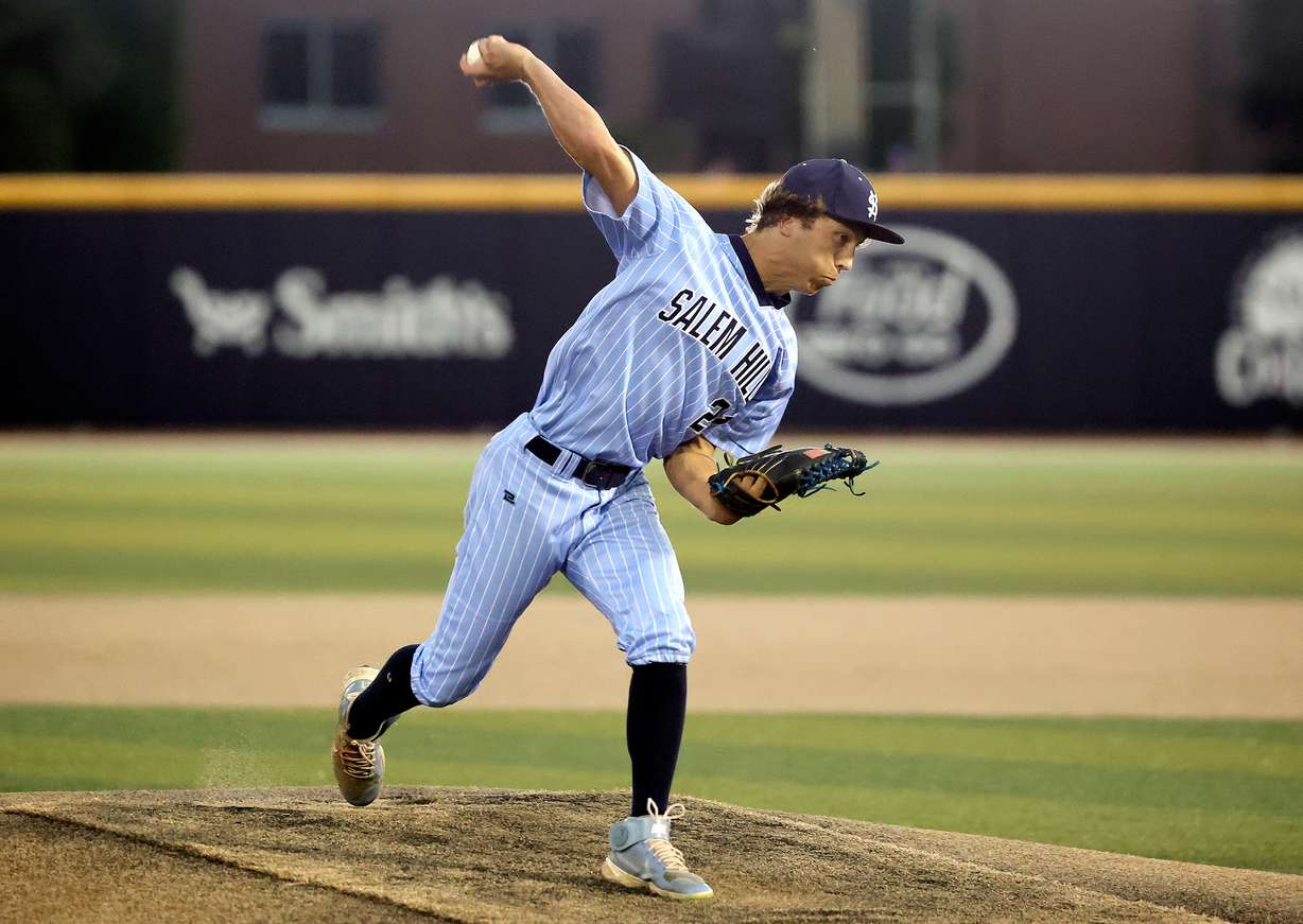 Salem Hills’ Nolan Miller throws a pitch during a 5A baseball state championship quarterfinal game against Jordan at the Miller Park Complex in Provo on Monday, May 22, 2023.