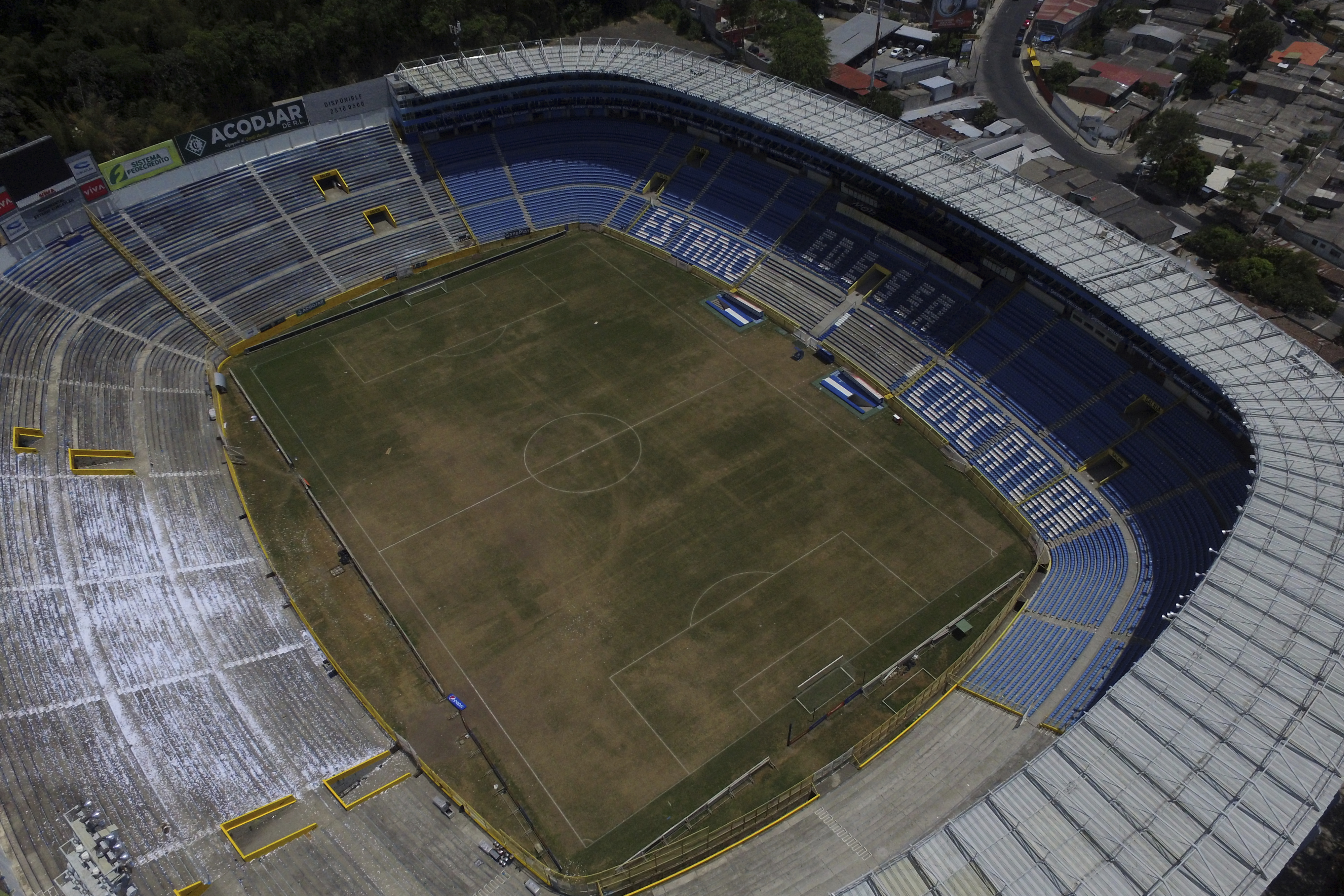 View of Cuscatlan Stadium, closed by Salvadoran authorities a day after several people died and many more were injured during a stampede, in San Salvador, El Salvador, Sunday, May 21, 2023. The tragedy occurred when stampeding fans pushed through one of the access gates during a quarterfinal Salvadoran league soccer match between Alianza and FAS. 