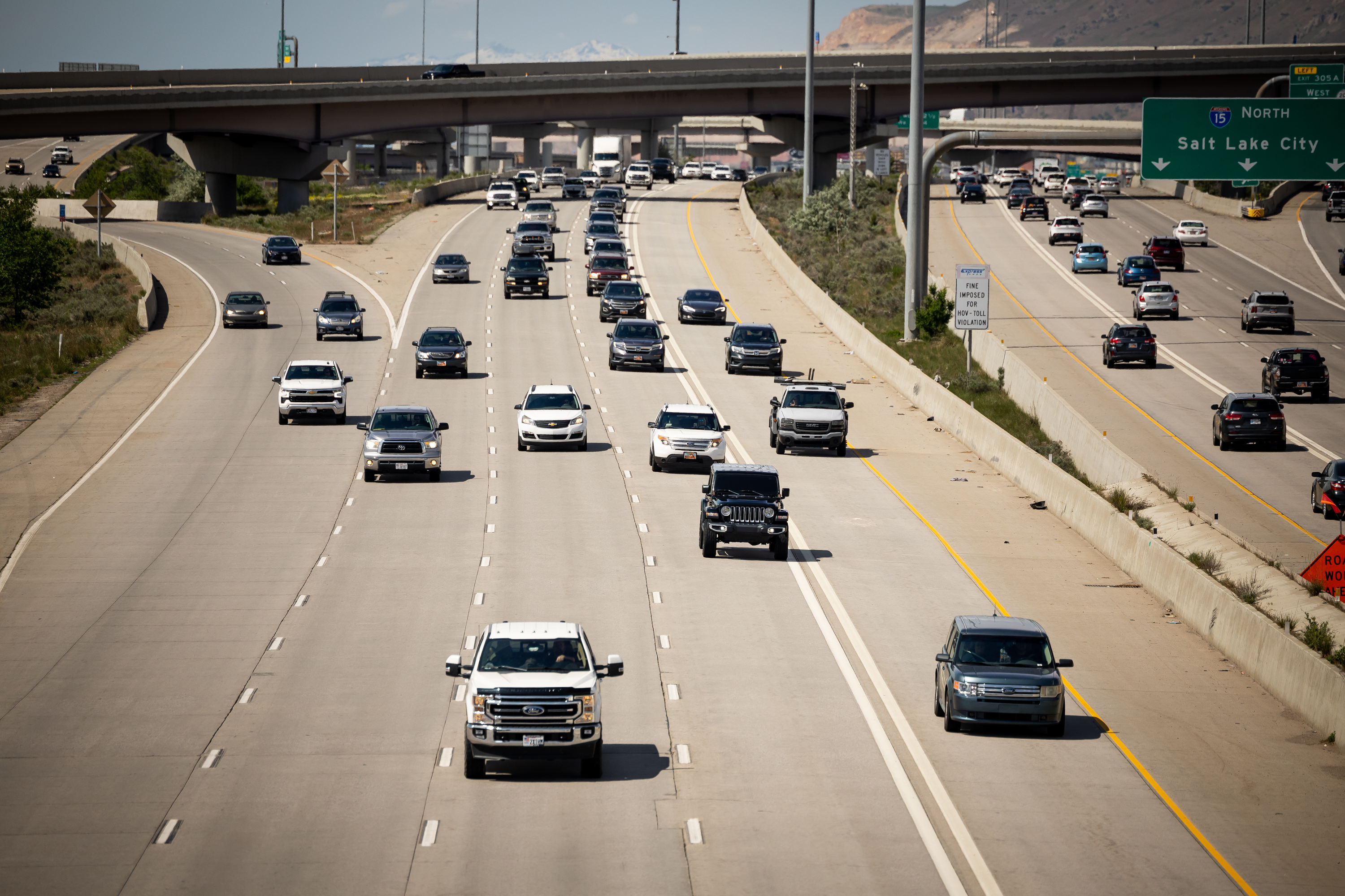 Traffic moves on I-15 in Salt Lake City on May 18, 2023. Utah lawmakers passed several transportation bills during this year's legislative session.