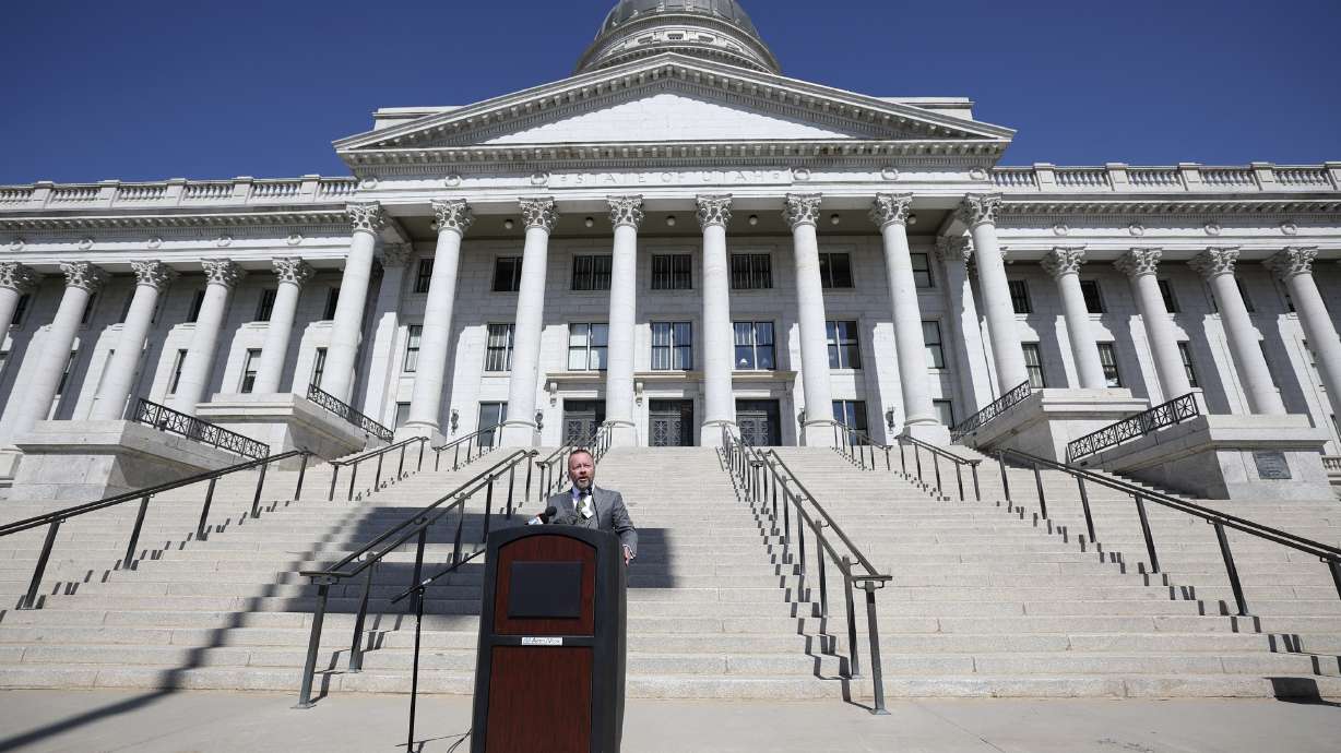 Attorney David Reymann speaks during a press conference to announce a lawsuit against Utah's new congressional maps on March 17, 2022. A pair of watchdog groups recently filed amicus briefs in favor of the plaintiffs.