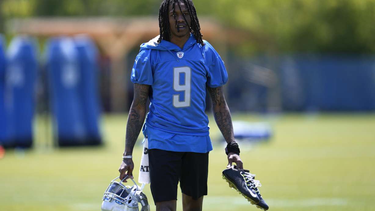 Detroit Lions wide receiver Jameson Williams (9) walks off the field after an NFL football practice in Allen Park, Mich., Thursday, May 25, 2023.