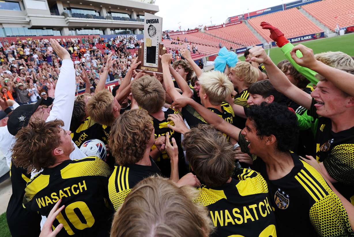 Wasatch celebrate their win over Alta in the 5A soccer championship game in Sandy on Thursday, May 25, 2023.