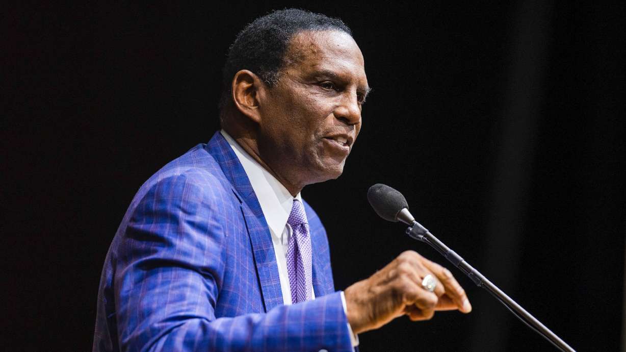 Rep. Burgess Owens, R-Utah, speaks during the Utah Republican Party Organizing Convention at Utah Valley University in Orem on April 22. Owens co-sponsored a resolution passed by the House on Wednesday to cancel the Biden administration’s student debt relief plan.