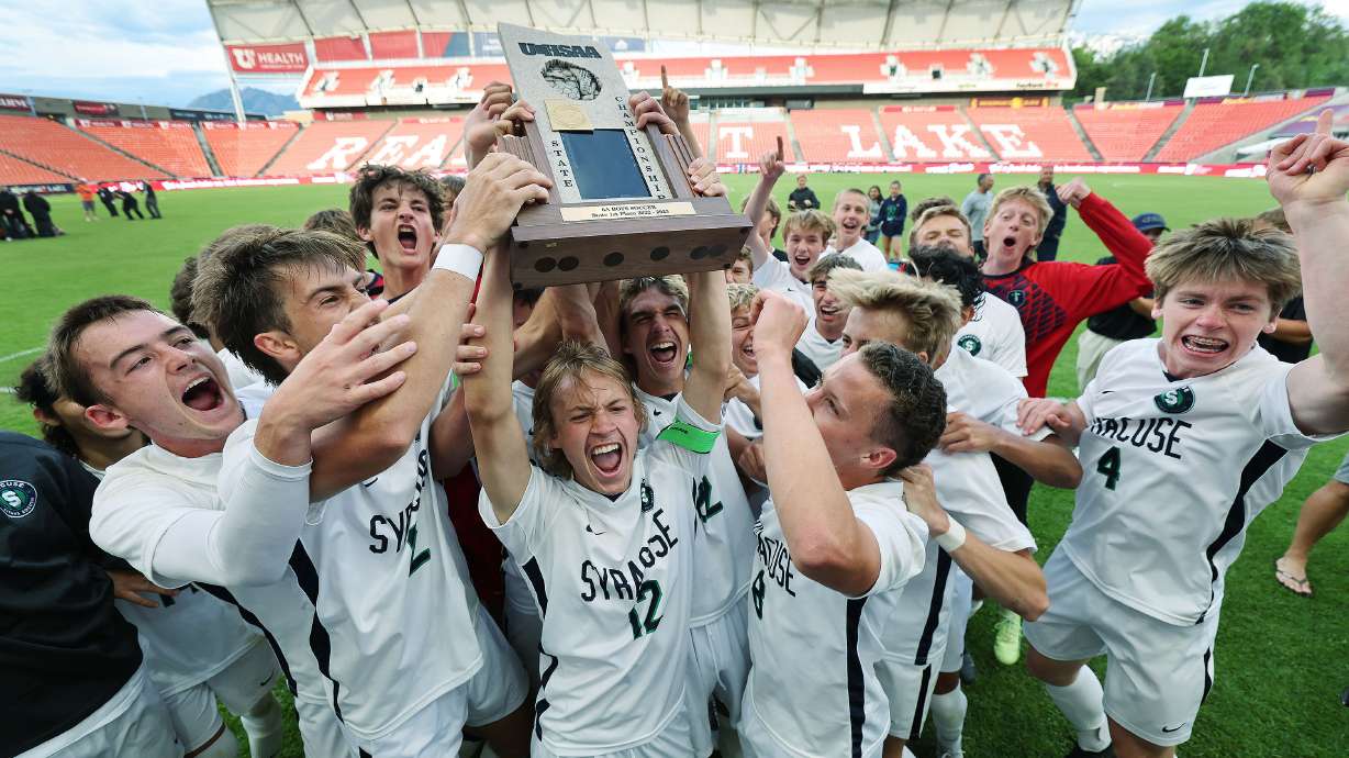 Syracuse celebrate their win over Skyridge in the 6A soccer championship game in Sandy on Thursday, May 25, 2023. Syracuse won 2-0.