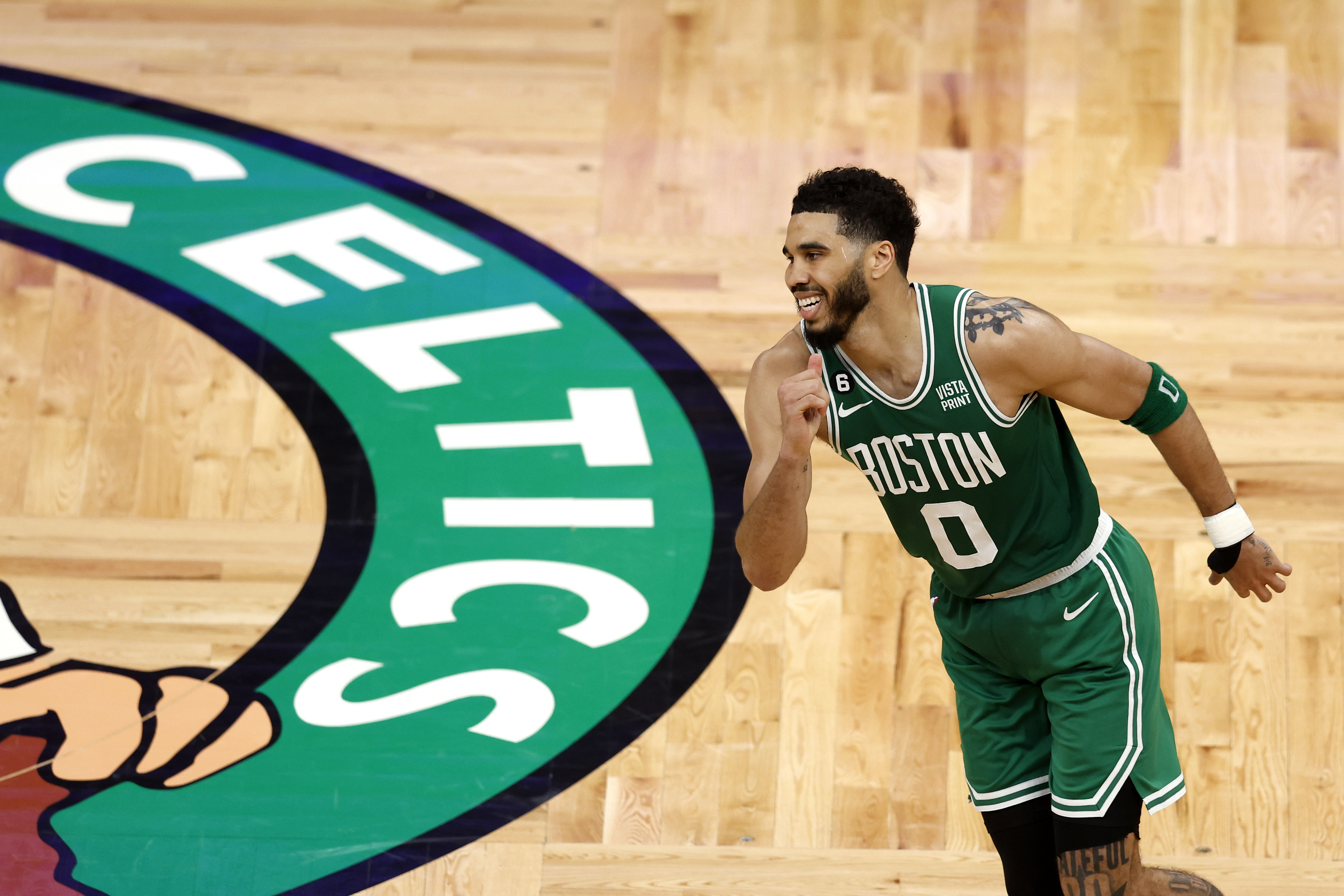 Boston Celtics forward Jayson Tatum heads the other way after missing a shot during the second half in Game 5 of the NBA basketball Eastern Conference finals against the Miami Heat Thursday, May 25, 2023, in Boston. 