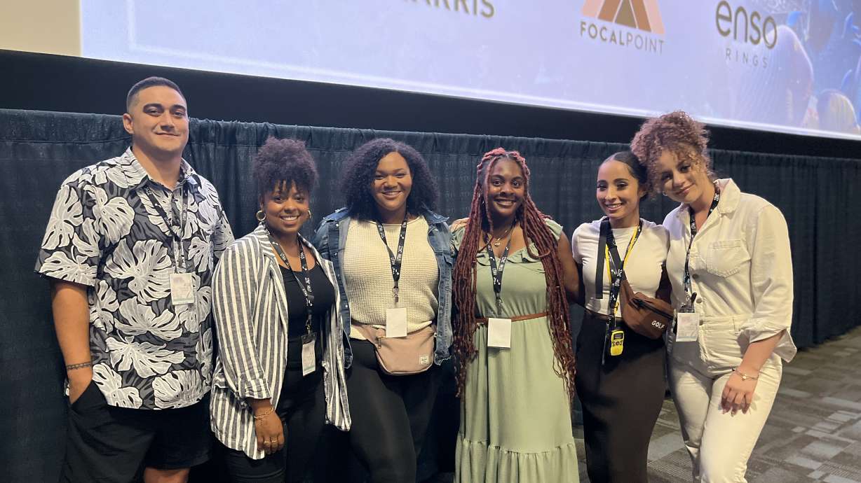 From left to right, Tanu Aupiu, Bri Ray Aupiu, Karlee Crowther, Hannah Rowntree, Alaya Lopez and Kajia Anderson stand in front of the screening at "The Little Mermaid" premiere at South Jordan Megaplex Theatres on Thursday.