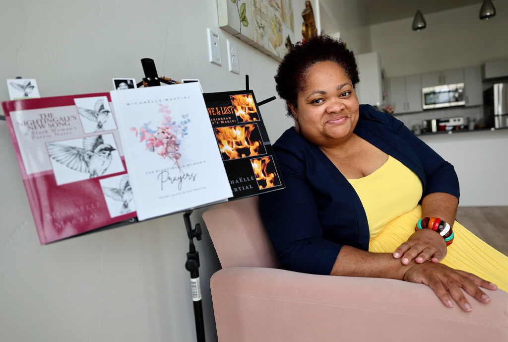 Michaëlle Martial, spoken word artist and personal chef, poses for a portrait at Poetry on Main, which she founded to help spotlight local emerging Black, Indigenous and people of color and LGBT poets and artists, in Salt Lake City on May 10.