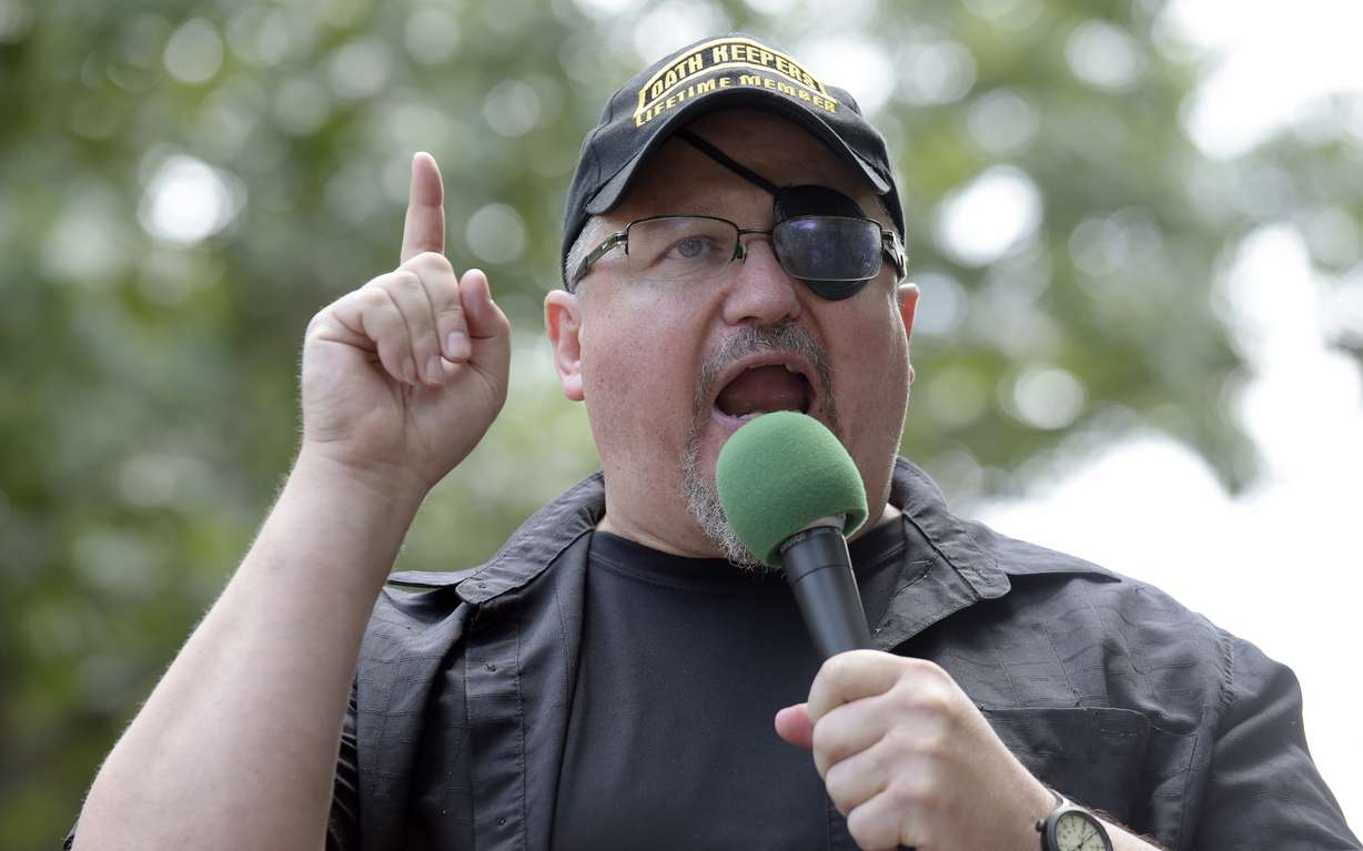 Stewart Rhodes, founder of the Oath Keepers, speaks during a rally outside the White House in Washington, June 25, 2017. Rhodes has been sentenced to 18 years in prison for seditious conspiracy in the Jan. 6, 2021, attack on the U.S. Capitol.