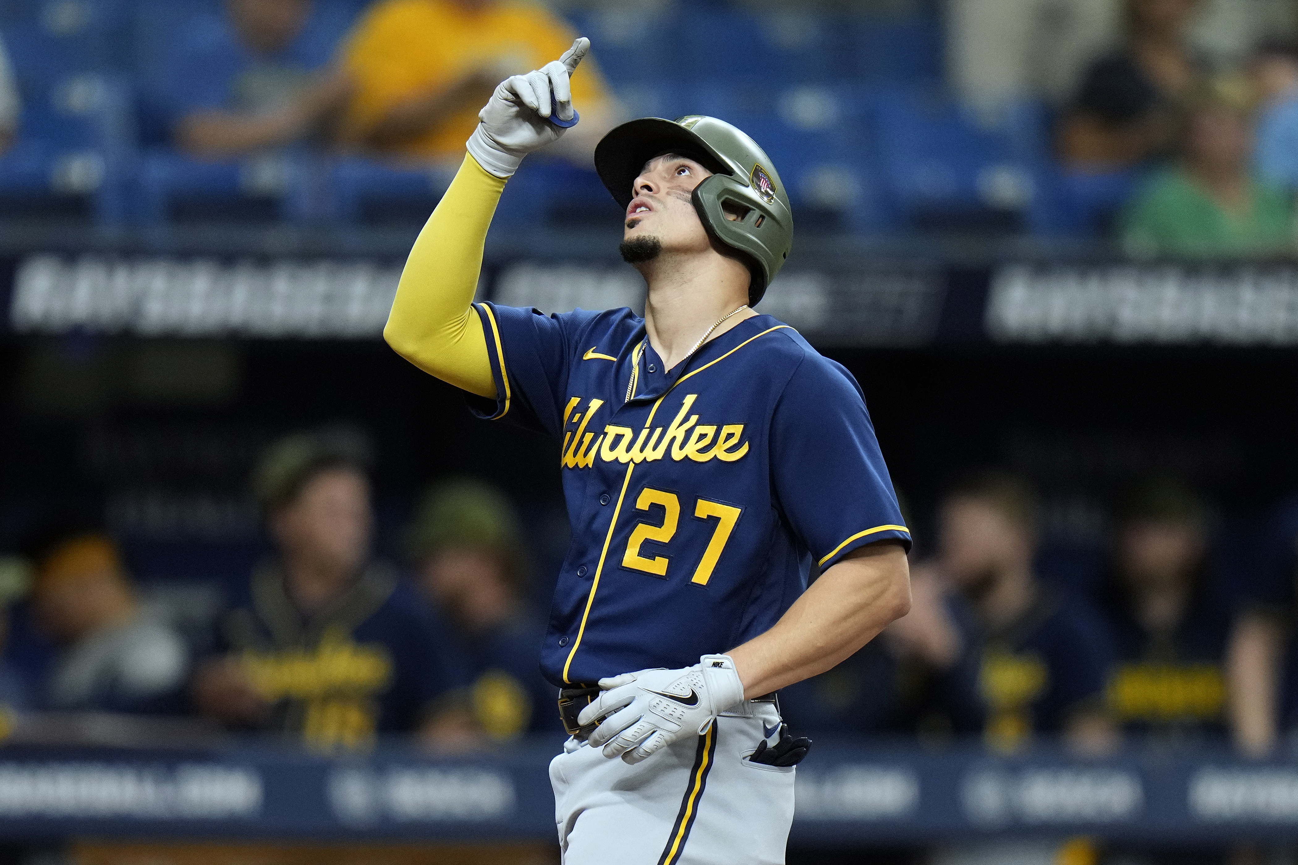 Milwaukee Brewers' Willy Adames reacts after his solo home run off Tampa Bay Rays pitcher Jalen Beeks during the second inning of a baseball game Sunday, May 21, 2023, in St. Petersburg, Fla. 