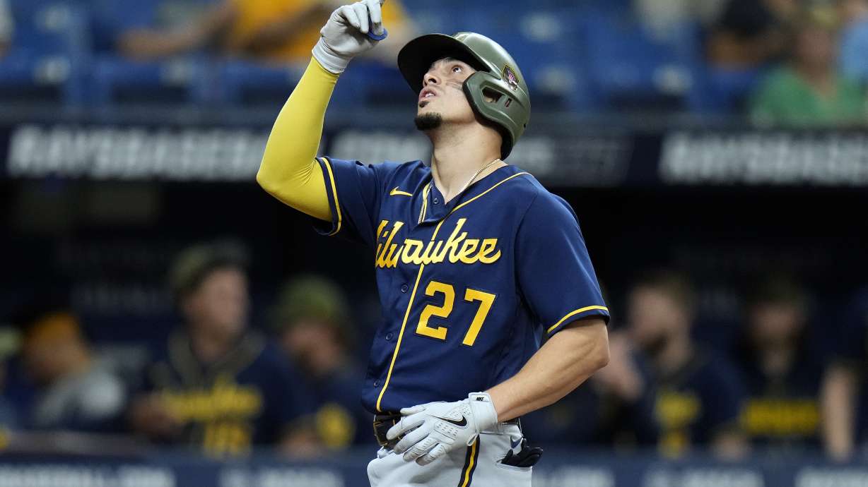 Milwaukee Brewers' Willy Adames reacts after his solo home run off Tampa Bay Rays pitcher Jalen Beeks during the second inning of a baseball game Sunday, May 21, 2023, in St. Petersburg, Fla.