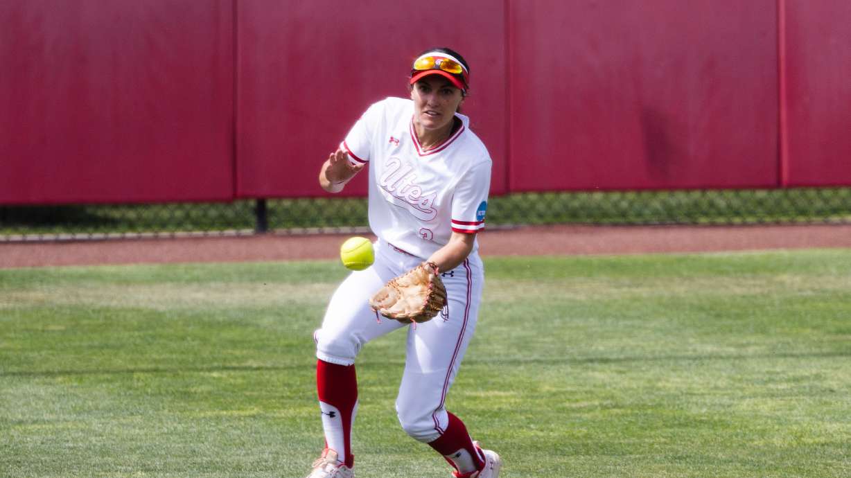 Utah infielder Haley Denning (3) catches the ball during the second game of the NCAA softball Super Regional between Utah and San Diego State at Dumke Family Softball Stadium in Salt Lake City on May 27, 2023.
