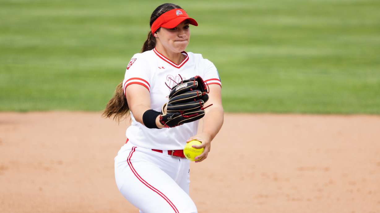 Utah pitcher Mariah Lopez (8) pitches the ball during the second game of the NCAA softball Super Regional between Utah and San Diego State at Dumke Family Softball Stadium in Salt Lake City on May 27, 2023.
