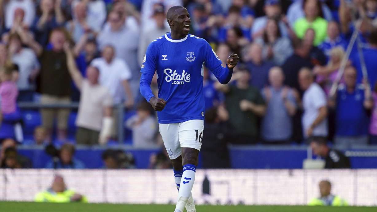 Everton's Abdoulaye Doucoure celebrates scoring during the English Premier League soccer match between Everton and Bournemouth at Goodison Park, Liverpool, England, Sunday May 28, 2023.