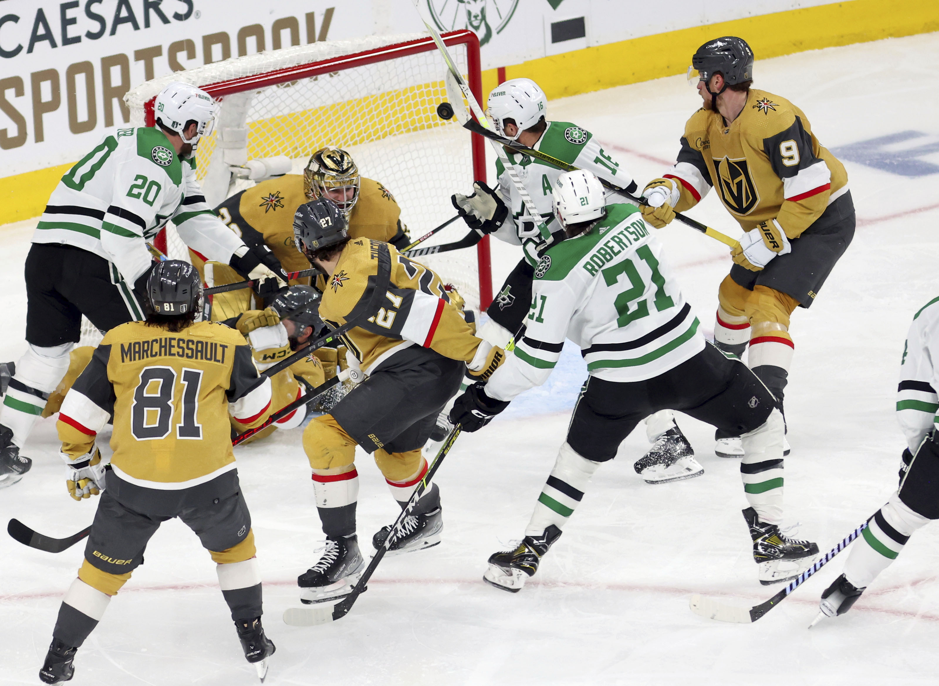 Dallas Stars left wing Jason Robertson (21) scores in the second period during Game 5 of the NHL hockey Stanley Cup Western Conference finals against the Vegas Golden Knights, Saturday, May 27, 2023, in Las Vegas.