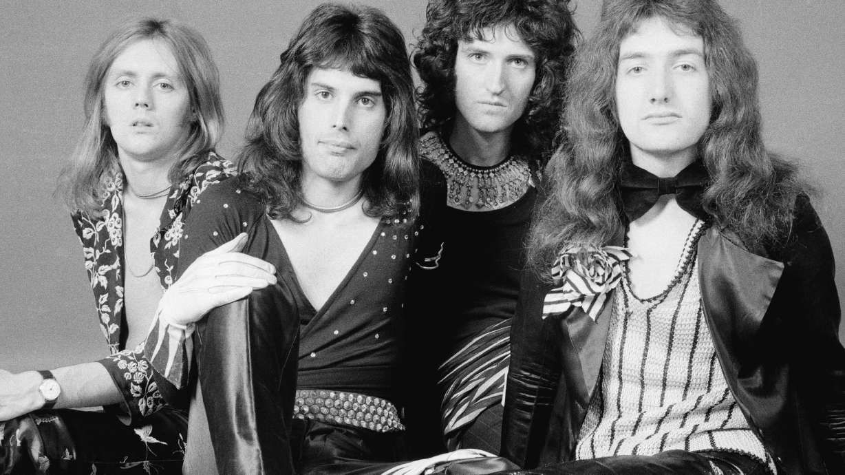 From left: Drummer Roger Taylor, singer Freddie Mercury, guitarist Brian May, and bassist John Deacon of British rock band Queen in 1973. The band's body of work might soon sell for a staggering sum.