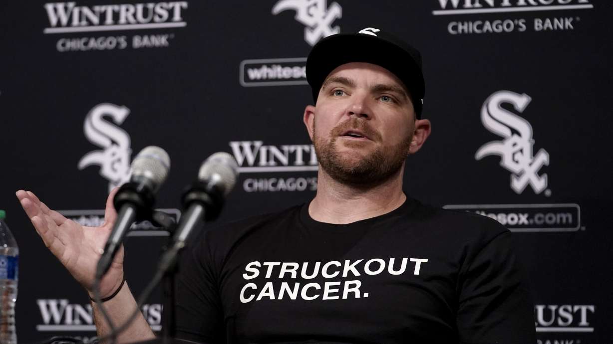 Chicago White Sox's Liam Hendriks talks to reporters before a baseball game between the White Sox and the Minnesota Twins on Wednesday, May 3, 2023, in Chicago.