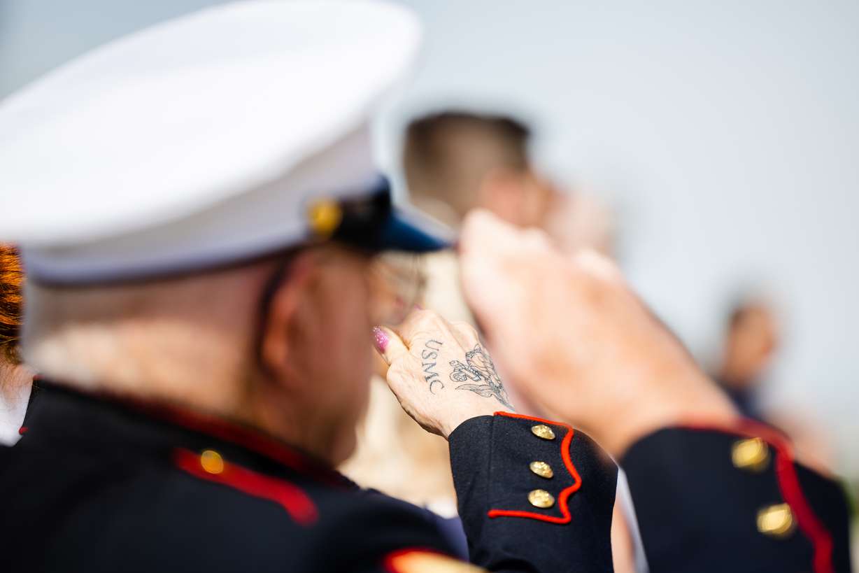 A tattoo of retired United States Marine Corps Cpl. Joann Haines is seen during a Memorial Day commemorative event at the Capitol Monday.